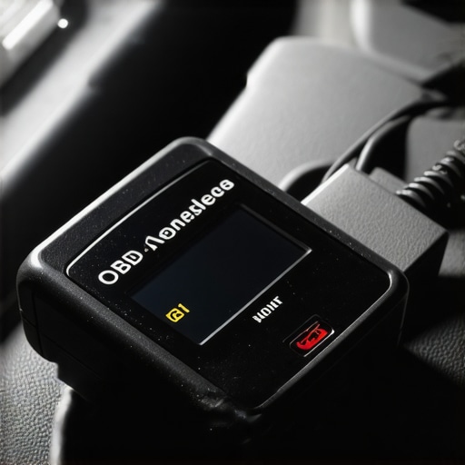 Diagnostic scanner connected to car's OBD-II port for vehicle diagnostics.
