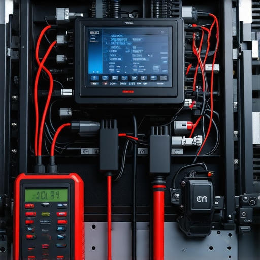 Engine diagnostics tools connected to a car for advanced maintenance analysis.