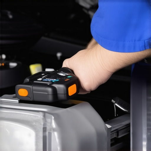Mechanic using diagnostic scanner on car engine