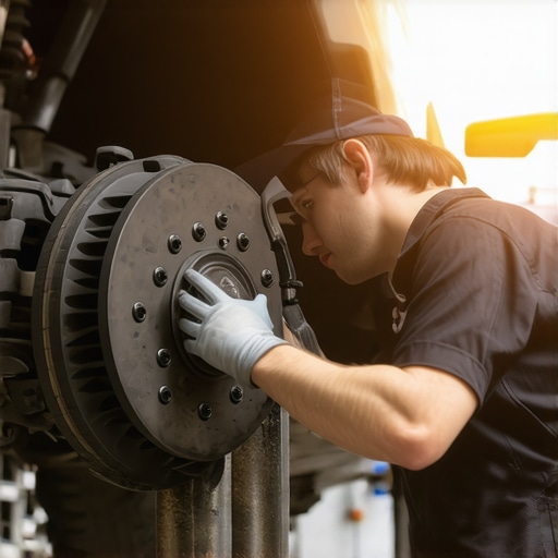 Mechanic inspecting car brake system with diagnostic tools.