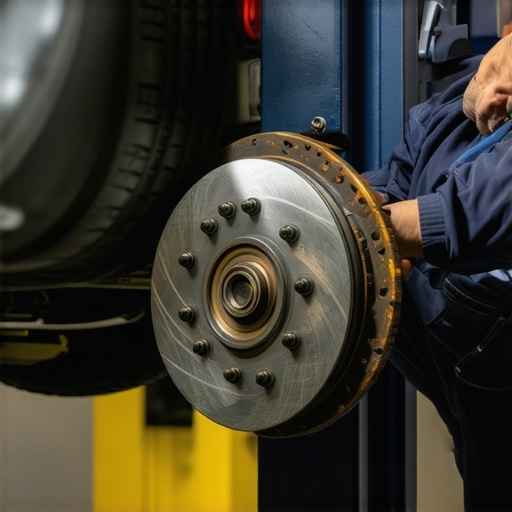 Mechanic inspecting brake pads and rotors for wear and tear.