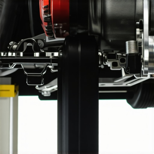 Mechanic inspecting brake pads and engine parts during vehicle maintenance.