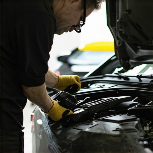 Mechanic using diagnostic tools to inspect a car engine in a garage