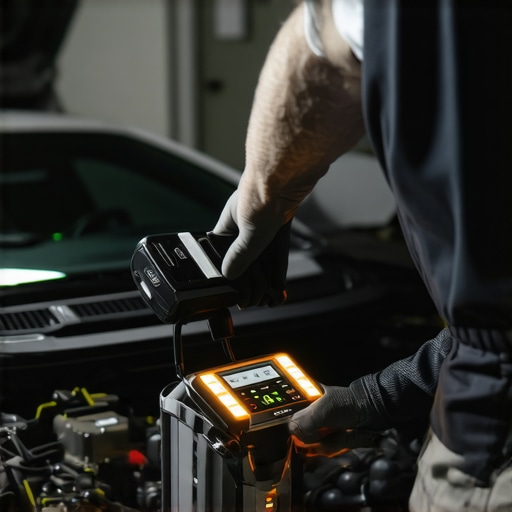 Mechanic analyzing engine data with diagnostic scanner in automotive workshop