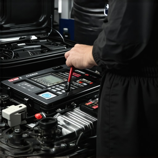 Mechanic inspecting engine using diagnostic scanner