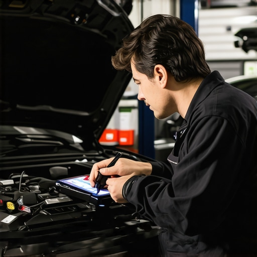 Modern auto repair diagnostics Mechanic using diagnostic tools on a car engine in a repair shop