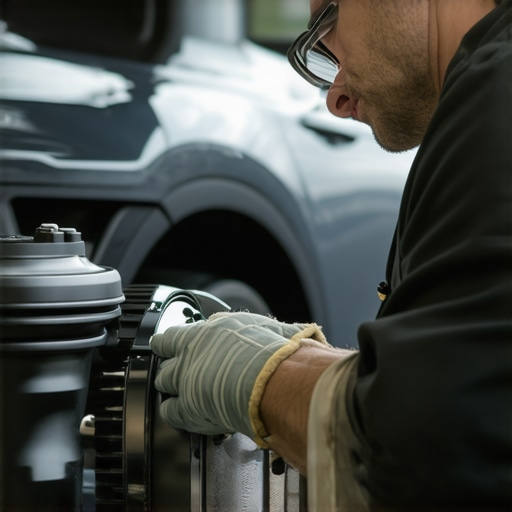 Mechanic inspecting brakes and engine with diagnostic tools in auto repair shop