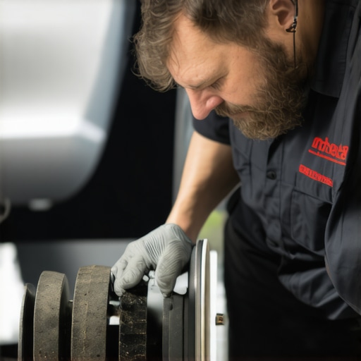 Mechanic inspecting brake pads and engine parts in garage.