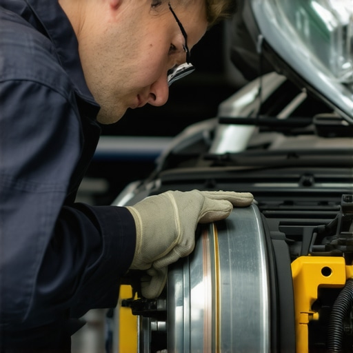 Auto mechanic inspecting car brakes and engine with diagnostic tools.
