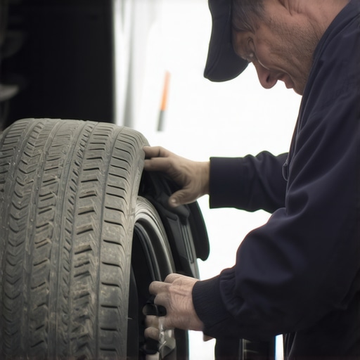 Mechanic inspecting car brakes, tires, and fluid levels for maintenance