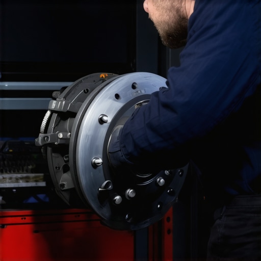 Mechanic inspecting brake rotors and engine diagnostics tools in a workshop.