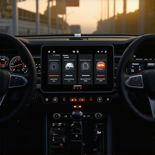 Car dashboard with digital diagnostics and system monitoring tools.