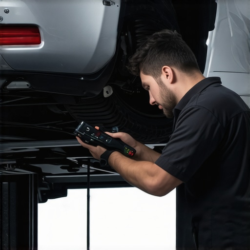 Mechanic inspecting a car's suspension system with diagnostic tools