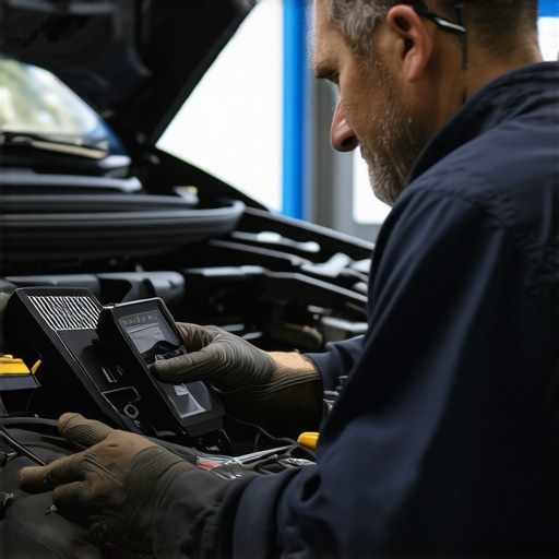 Technician performing diagnostics on electric vehicle's battery with advanced tools