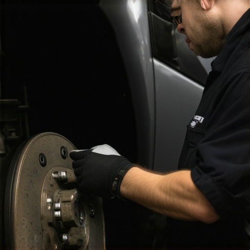 Mechanic inspecting car brakes during maintenance