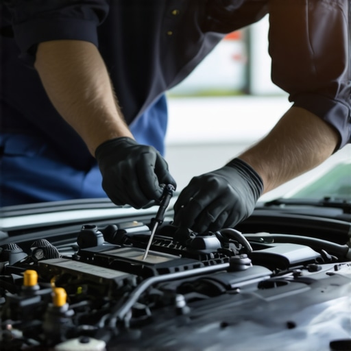 Mechanic using diagnostic tools to inspect a car engine