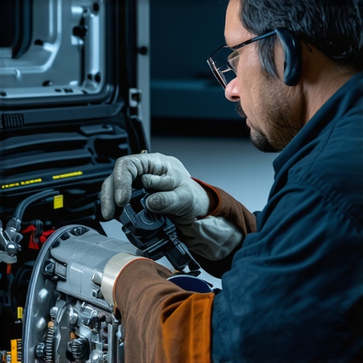 Mechanic examining brake and engine parts during routine check