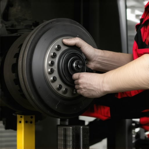 Mechanic inspecting brake system Auto mechanic inspecting car brake components during maintenance.