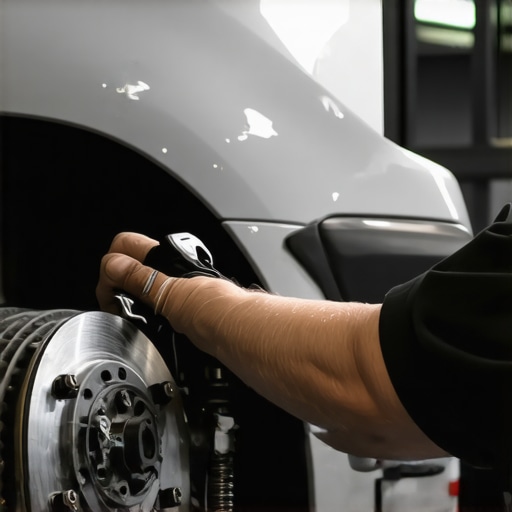 Mechanic inspecting brake pads and hydraulic brake components in a workshop