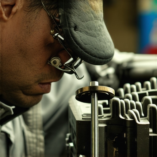 Mechanic inspecting brake pads and engine parts in a well-lit garage