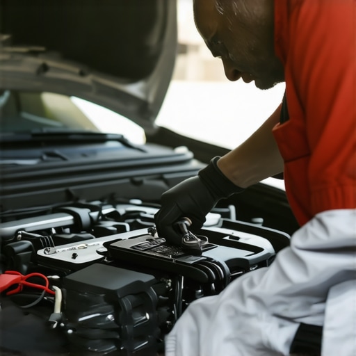 Mechanic inspecting a car engine with diagnostic tools.