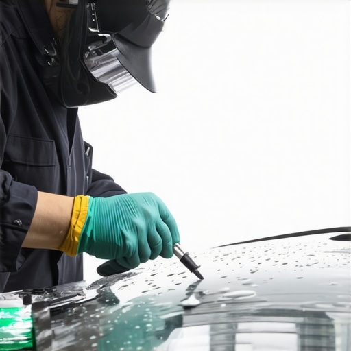Auto glass technician applying UV-curing resin to repair a crack in a windshield.