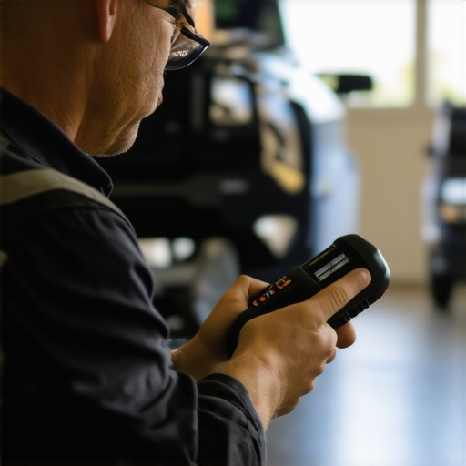 Mechanic using diagnostic scanner on car engine in garage.