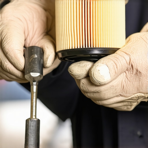 Mechanic replacing an engine oil filter using tools