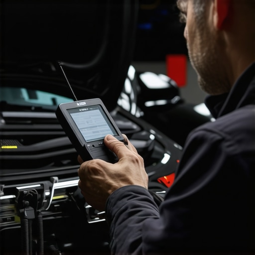Mechanic using high-tech diagnostic equipment to monitor engine health