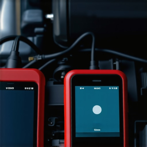 Close-up of a Bluetooth diagnostic scanner connected to a smartphone with car engine in background.