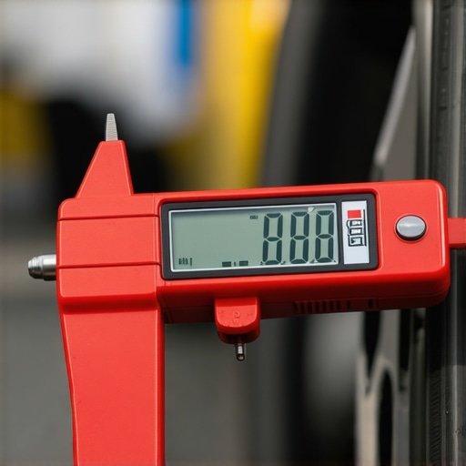 Precision Brake Maintenance Tools A person using a digital brake caliper gauge to measure brake pad thickness