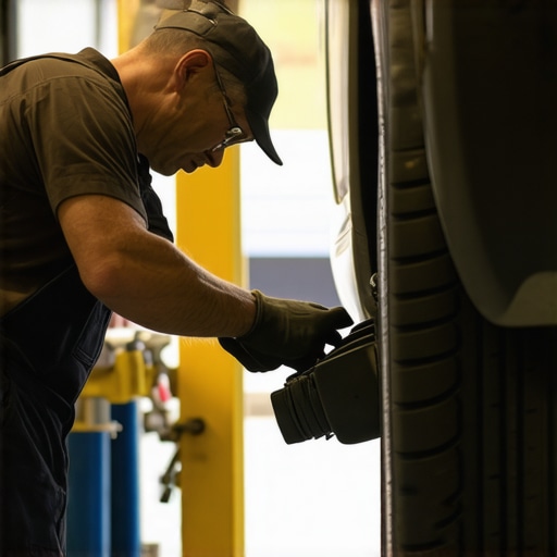 Mechanic inspecting car brakes and changing oil in a modern garage