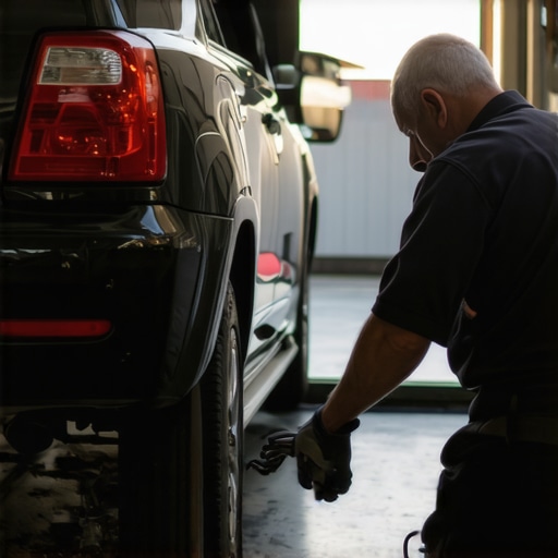 Mechanic checking oil and brake system during car service