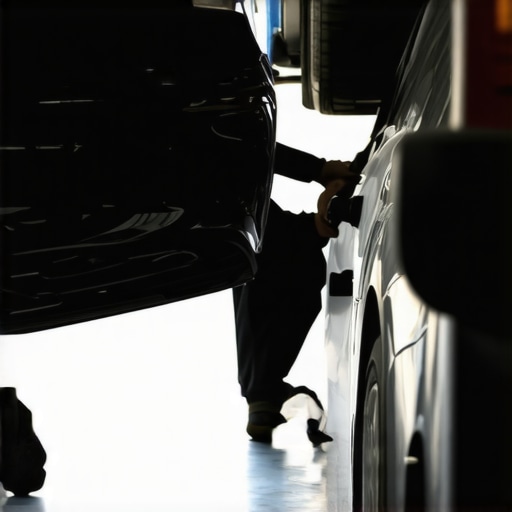 Mechanic changing oil filter on a vehicle in a workshop.
