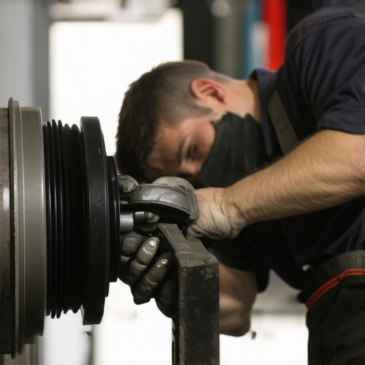 Mechanic examining brake pads and engine during vehicle maintenance.