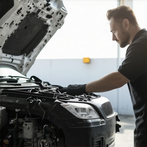 Professional engine inspection for optimal performance Mechanic inspecting a car engine in a garage setting