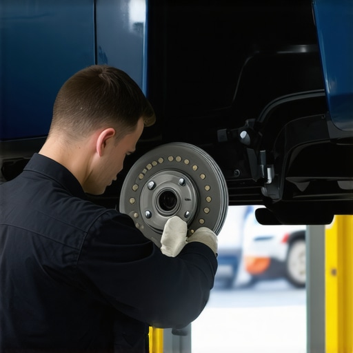 Mechanic inspecting brakes and engine parts for maintenance