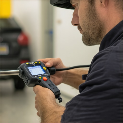 Mechanic using torque wrench and diagnostic scanner to maintain vehicle