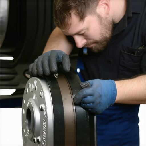 Vehicle Brake Inspection in Progress Technician checking brake pads and rotors during car service.
