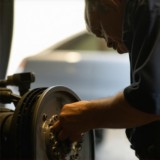 Mechanic checking brakes and oil system of a car during service.