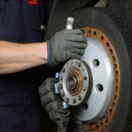 Mechanic inspecting brake pads and oil filter during car maintenance