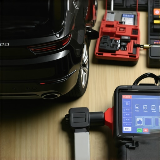 Car diagnostic scanner connected to vehicle in repair shop