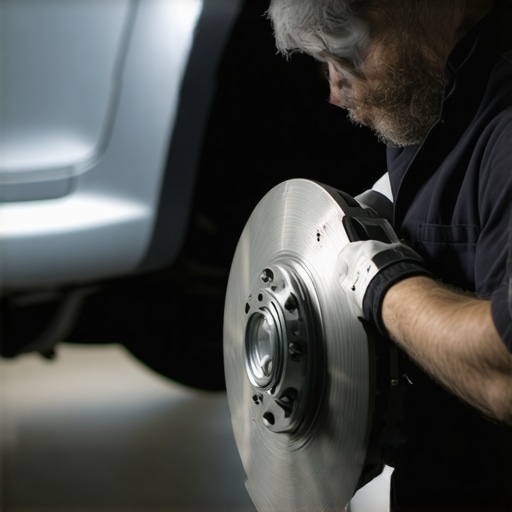 Mechanic checking brake pads and rotors for wear and tear