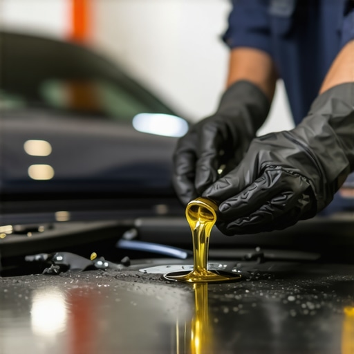 Mechanic draining oil from car engine during maintenance