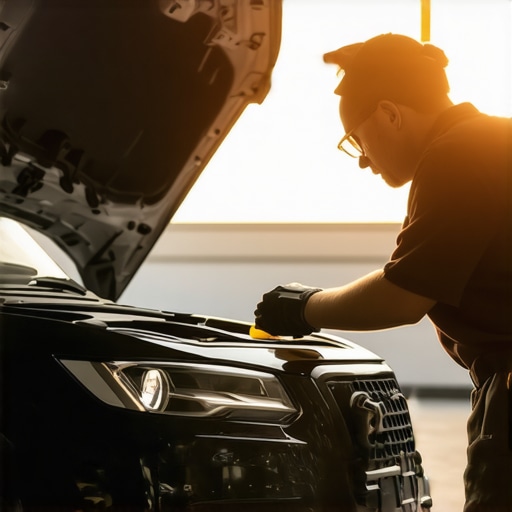 Mechanic draining old oil from a car engine during maintenance