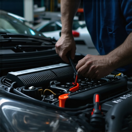 Engine Checkup in Action Mechanic inspecting car engine during maintenance