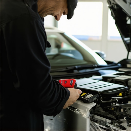 Mechanic using diagnostic tools to assess engine health during car maintenance