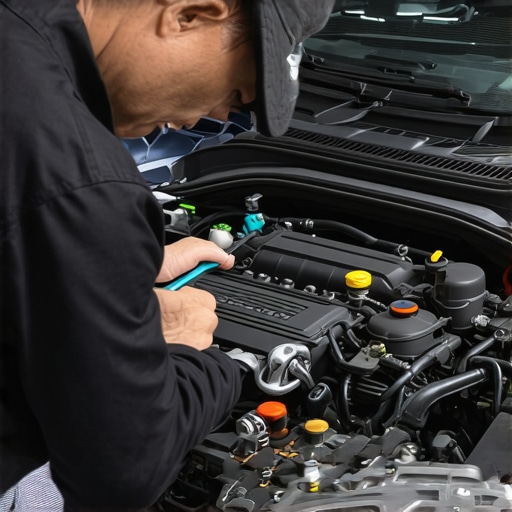 Mechanic inspecting engine bay for potential problems.