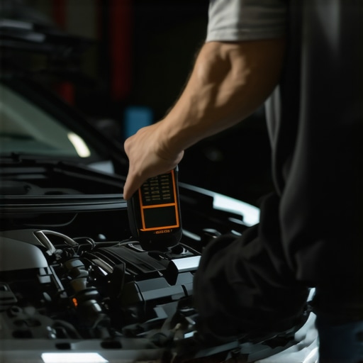 Mechanic Diagnosing Engine with Scanner A technician checks engine error codes using a diagnostic tool in an auto repair shop.