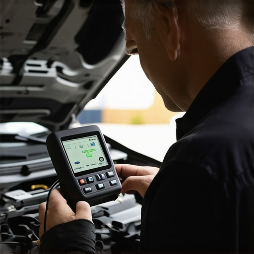 Mechanic analyzing vehicle data with an OBD-II scanner in a garage setting.